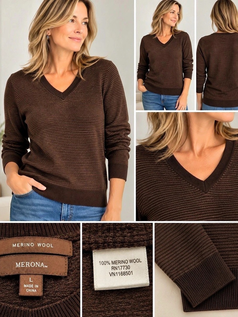 Merona Merino Wool V-Neck Sweater Brown Large good quality